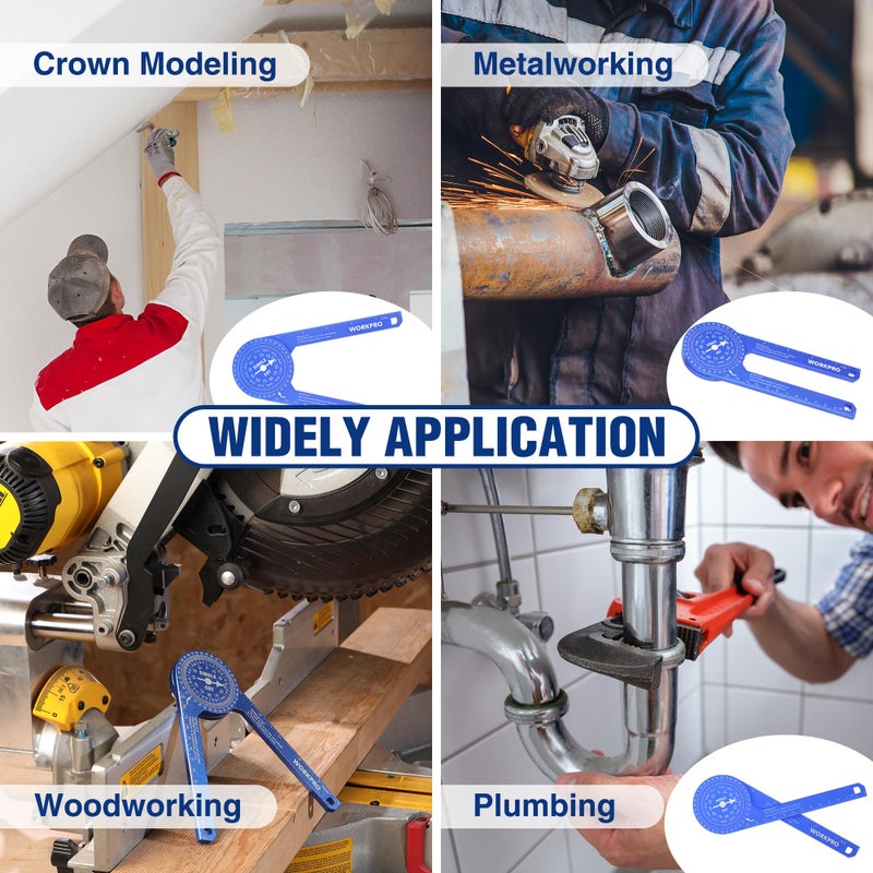 WORKPRO Aluminum Miter Saw Protractor, 7.3 Inch Angle Finder Featuring Precision Laser Engraved Scales for Inside and Outside Corner, Carpenters, Plumbers and All Building Trades, 360 Rotation, Blue - Image 5